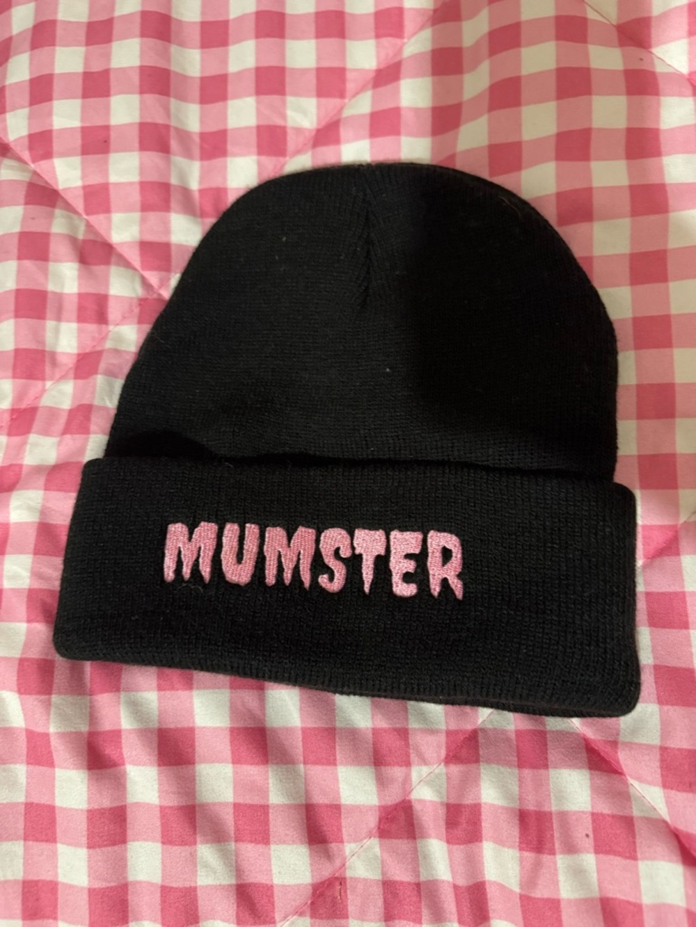 Black Beanie Hat with Pink "MUMSTER" Embroidery